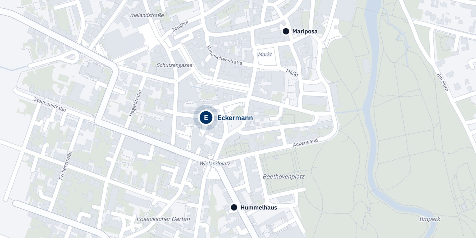 Lageplan: Ferienwohnungen Eckermann in der Weimarer Altstadt, dazu die beiden anderen Häuser des Gastgebers